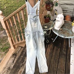 Bongo Pale Blue Faded Distressed Denim Jeans Overalls Size L Vintage 80s 90s